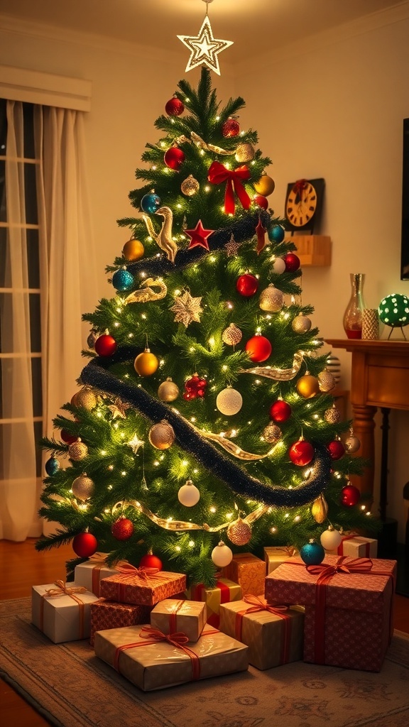 A cozy living room with a decorated Christmas tree, lights, ornaments, and presents underneath.